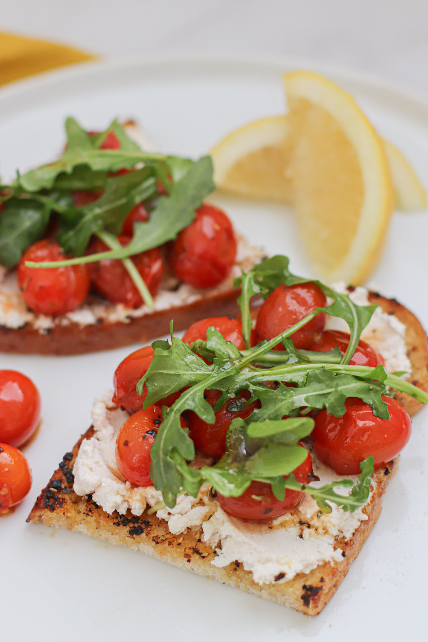 Vegan Appetizer Grilled Toast with Soften Tomato & Vegan Ricotta 